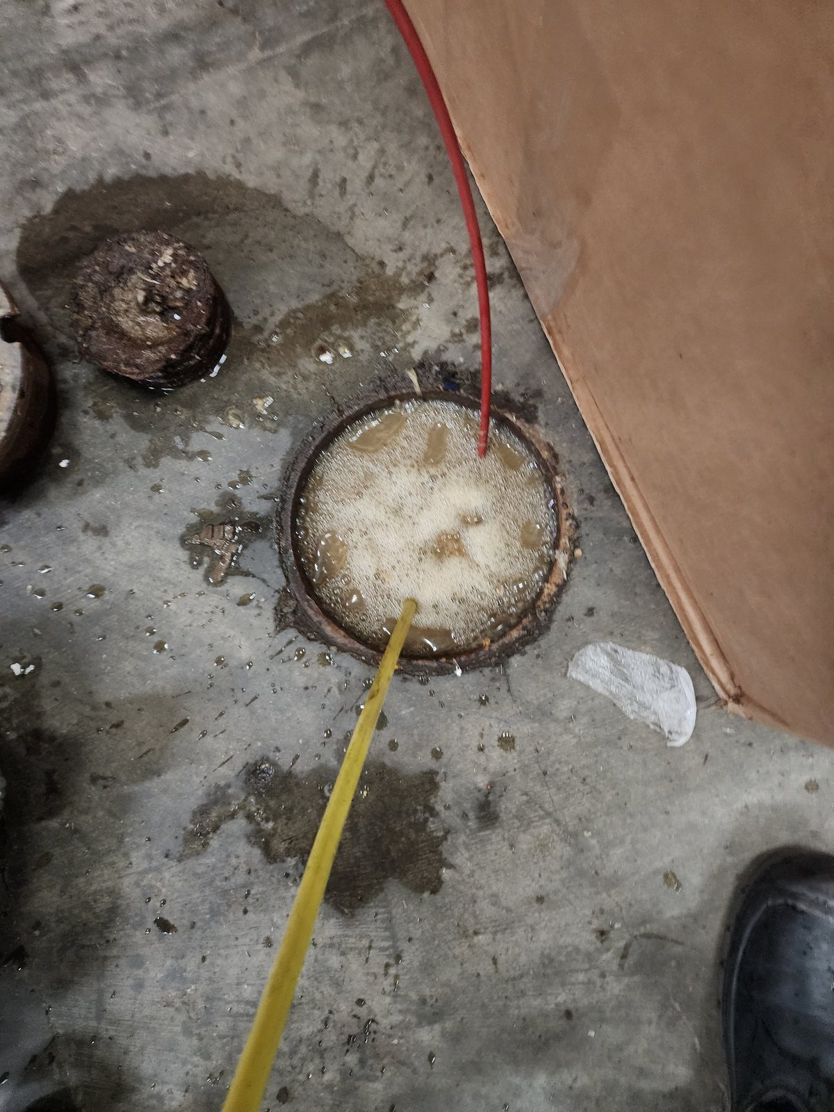 Grease and waste water backing up out of a commercial floor cleanout
