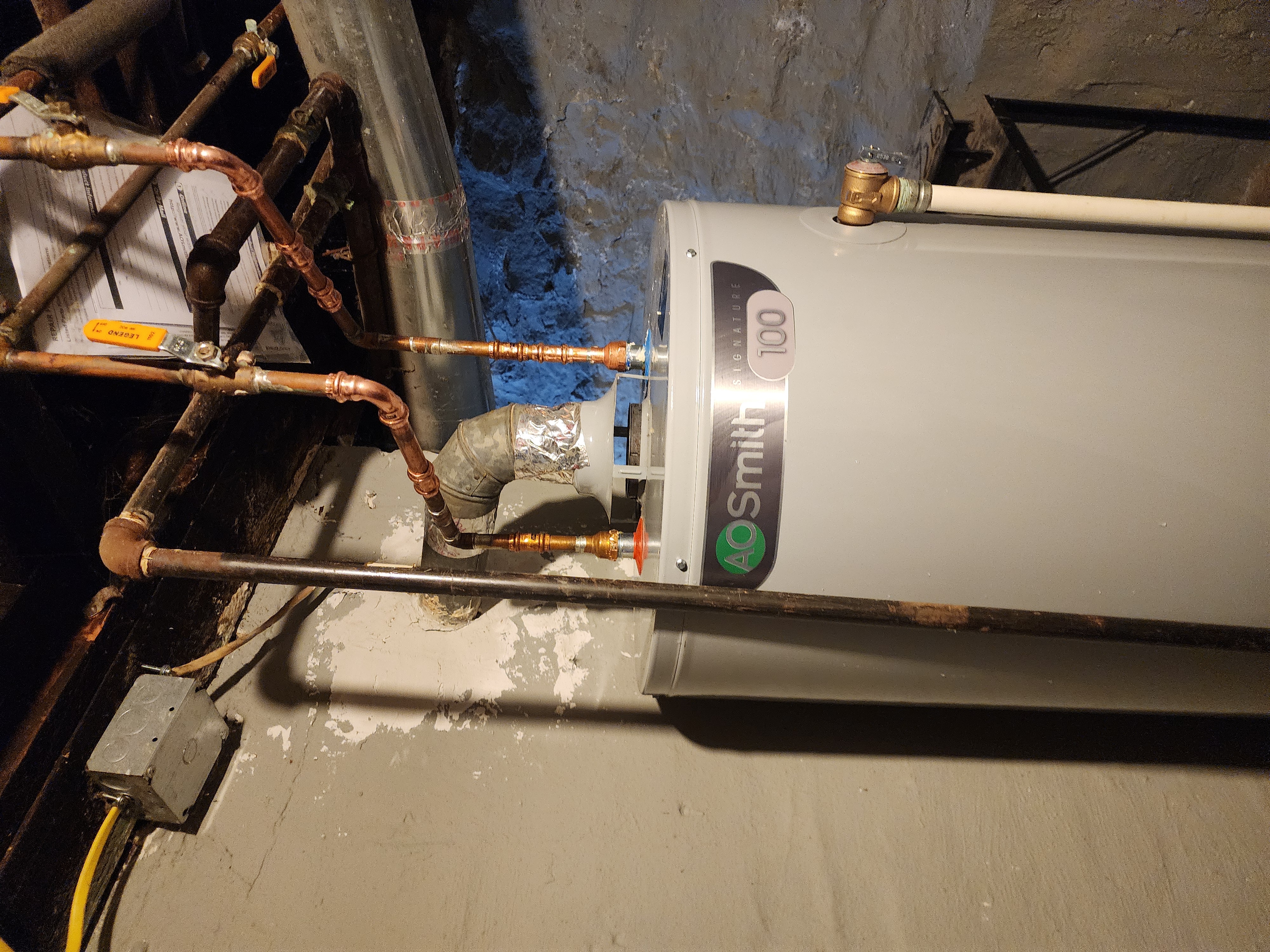 AO Smith 100 gallon water heater installation with copper pipes Pittsburgh PA